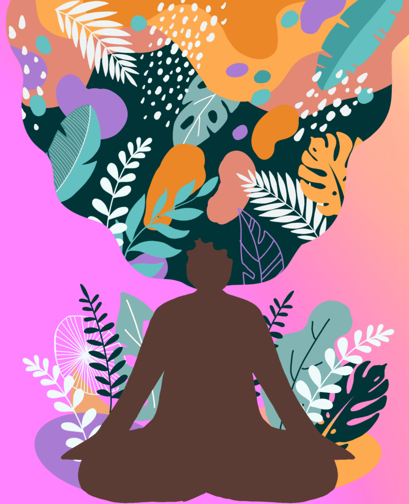 Brown femme sitting cross legged with plants and shapes growing from her green hair